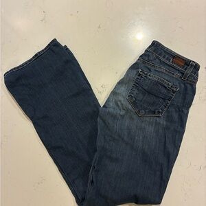 PAIGE Dark Wash Flare Denim with Brown Accent